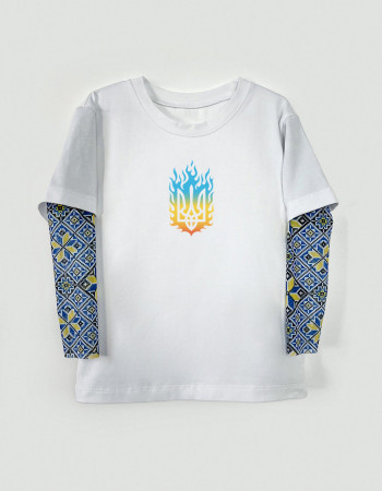 Футболка з тату-рукавами Дрейк Вишиванка біла Палаючий тризуб