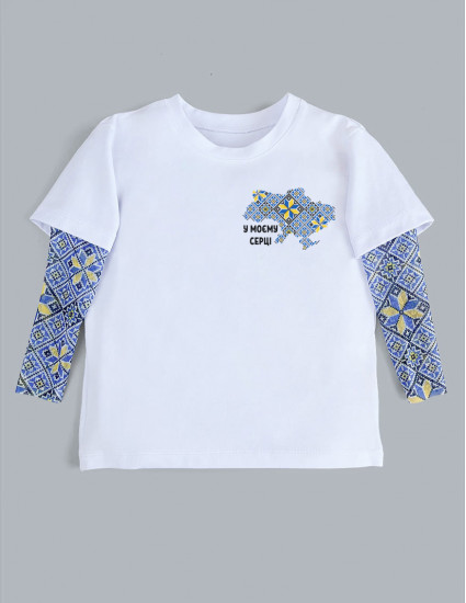 Футболка з тату-рукавами Дрейк Вишиванка біла Вишиванка Україна синьо-жовта