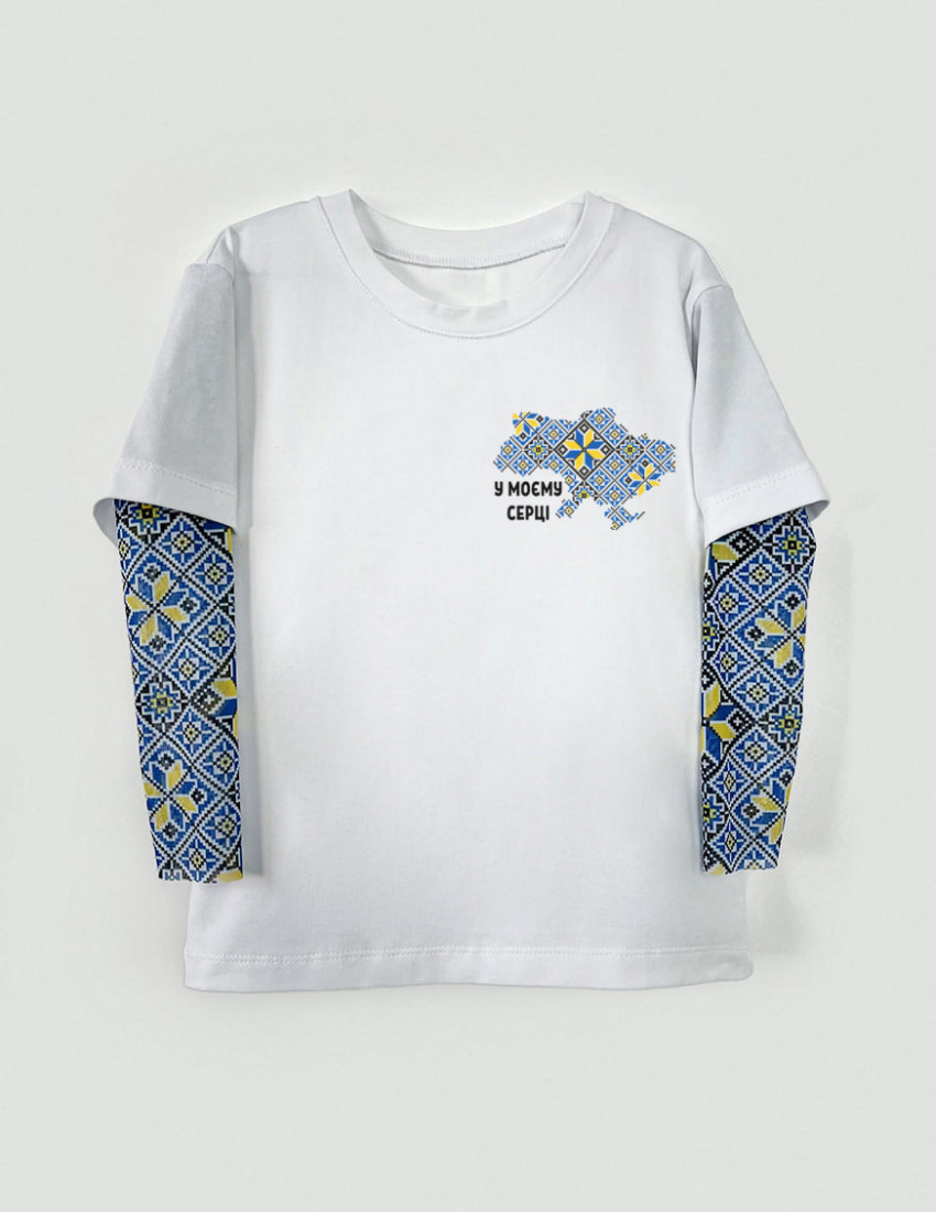 Футболка з тату-рукавами Дрейк Вишиванка біла Вишиванка Україна синьо-жовта