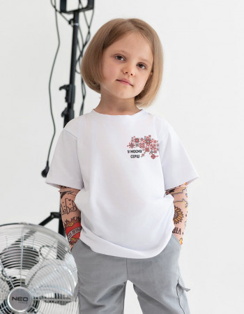 Футболка з тату-рукавами Дрейк Ukraine біла Українські мотиви червоно-чорні