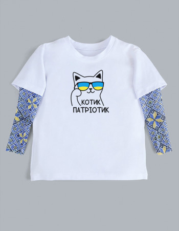 Футболка з тату-рукавами Дрейк Вишиванка біла Котик-патріотик