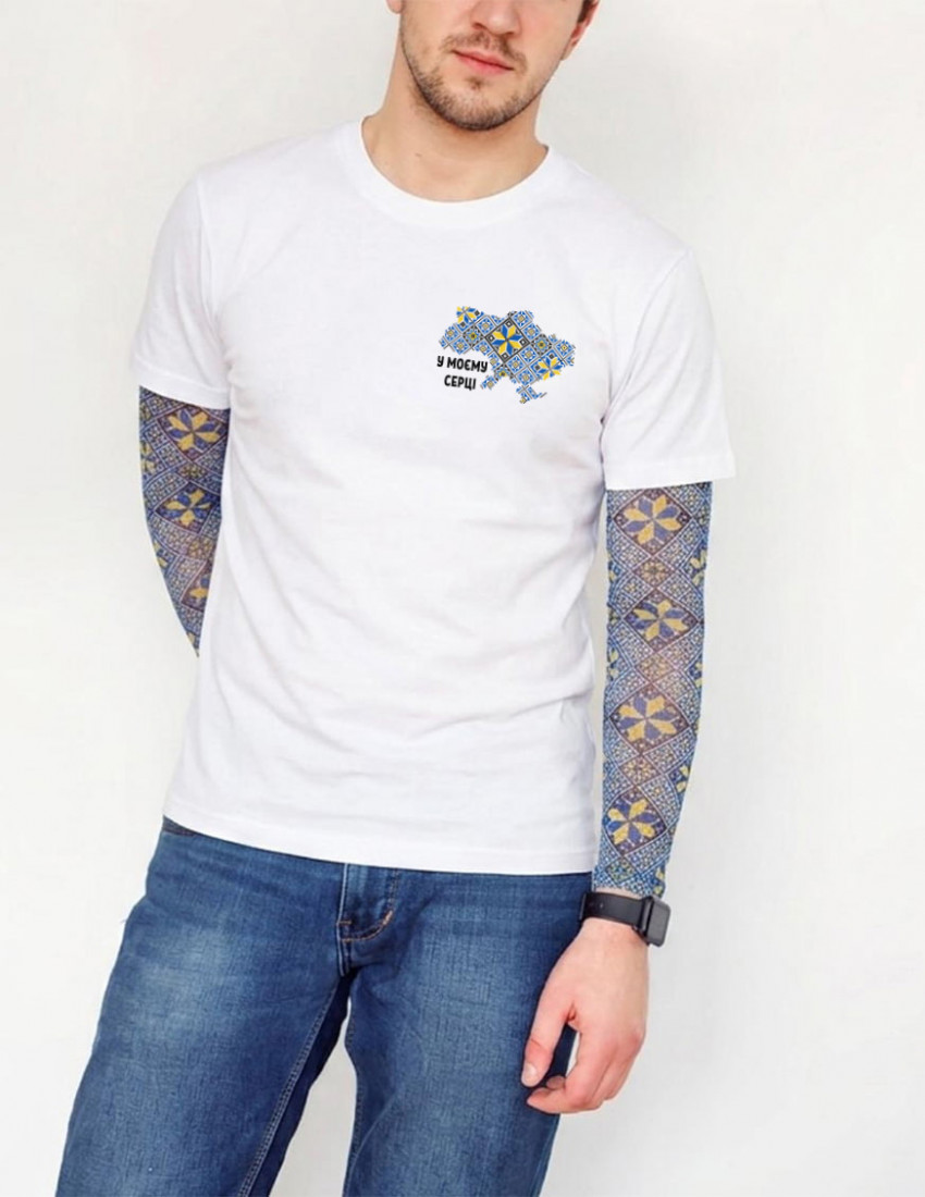 Футболка Дрейк чоловіча з тату-рукавами Вишиванка біла Вишиванка Україна синьо-жовта