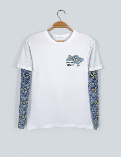 Футболка Дрейк чоловіча з тату-рукавами Вишиванка біла Вишиванка Україна синьо-жовта