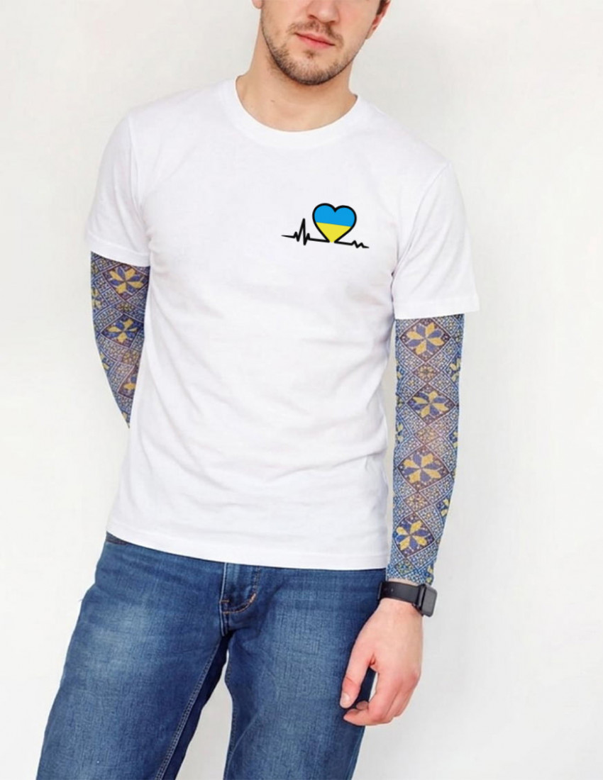 Футболка Дрейк чоловіча з тату-рукавами Вишиванка біла З Україною в сердці