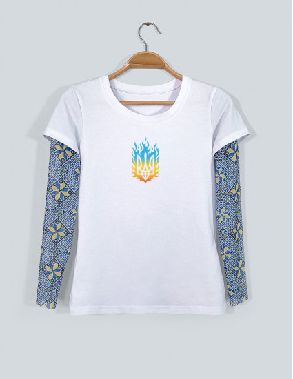 Футболка Дрейк жіноча з тату-рукавами Вишиванка біла Палаючий тризуб