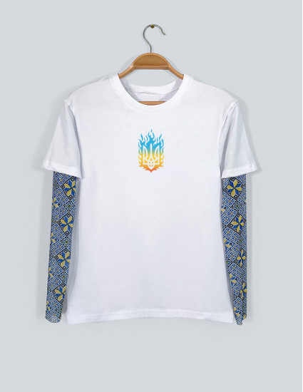 Футболка Дрейк чоловіча з тату-рукавами Вишиванка біла Палаючий тризуб