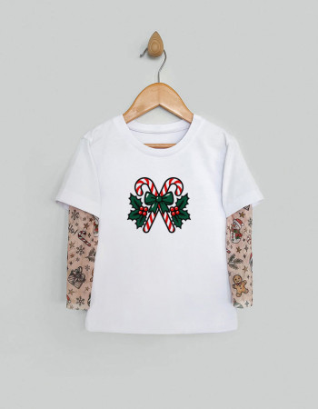 Футболка Дрейк з тату-рукавами Різдвяні історії біла Святкові ласощі