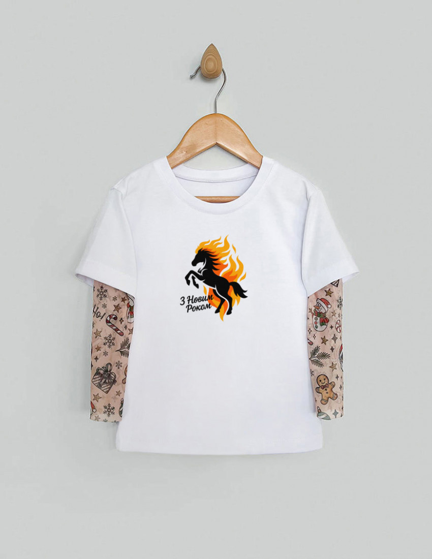 Футболка Дрейк з тату-рукавами Різдвяні історії біла Кінь - З Новим роком