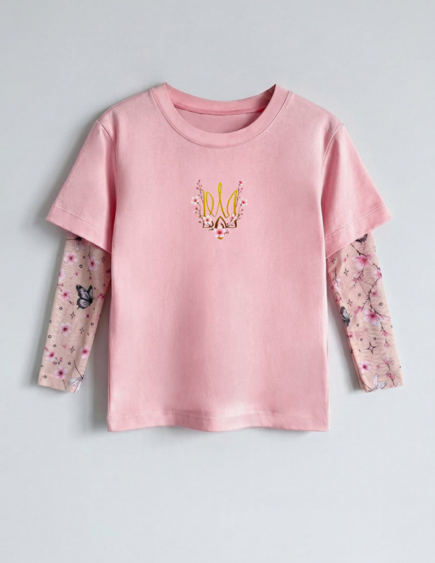 Футболка Дрейк з тату-рукавами Сакура Тризуб з рожевими квітами