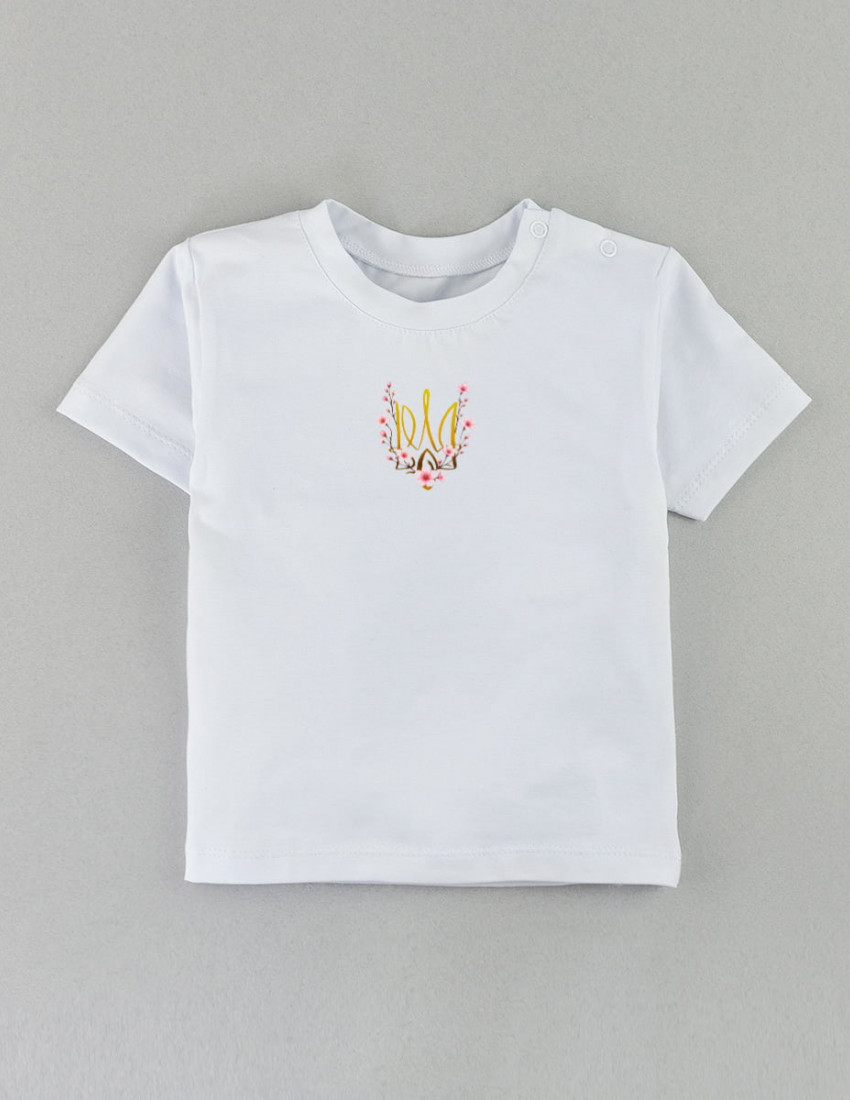 Футболка Овер біла Тризуб з рожевими квітами