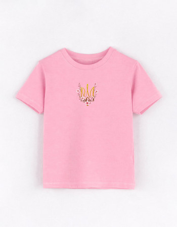 Футболка Овер рожева Тризуб з рожевими квітами