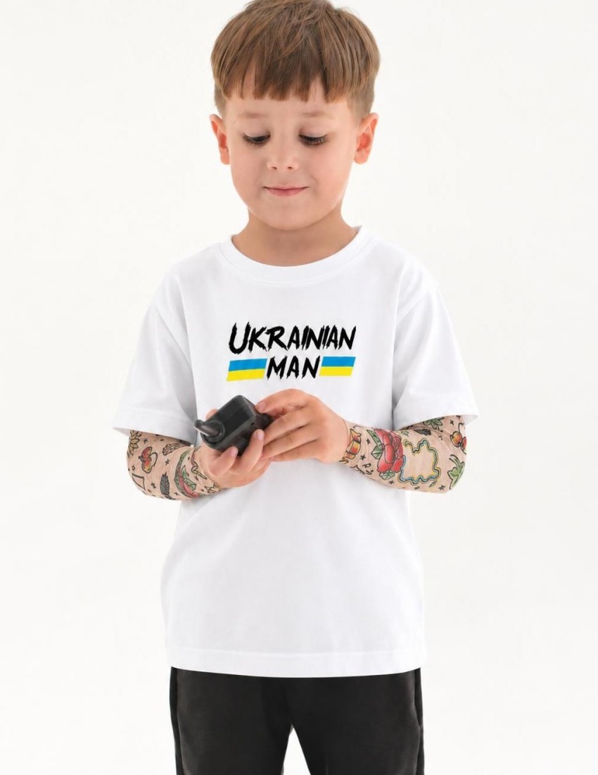 Футболка з тату-рукавами Дрейк Ukraine біла Ukrainian man